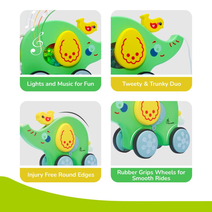Orapple Trunky Fun & Safe Musical Pull-Along Toy for Toddlers - Green Yellow
