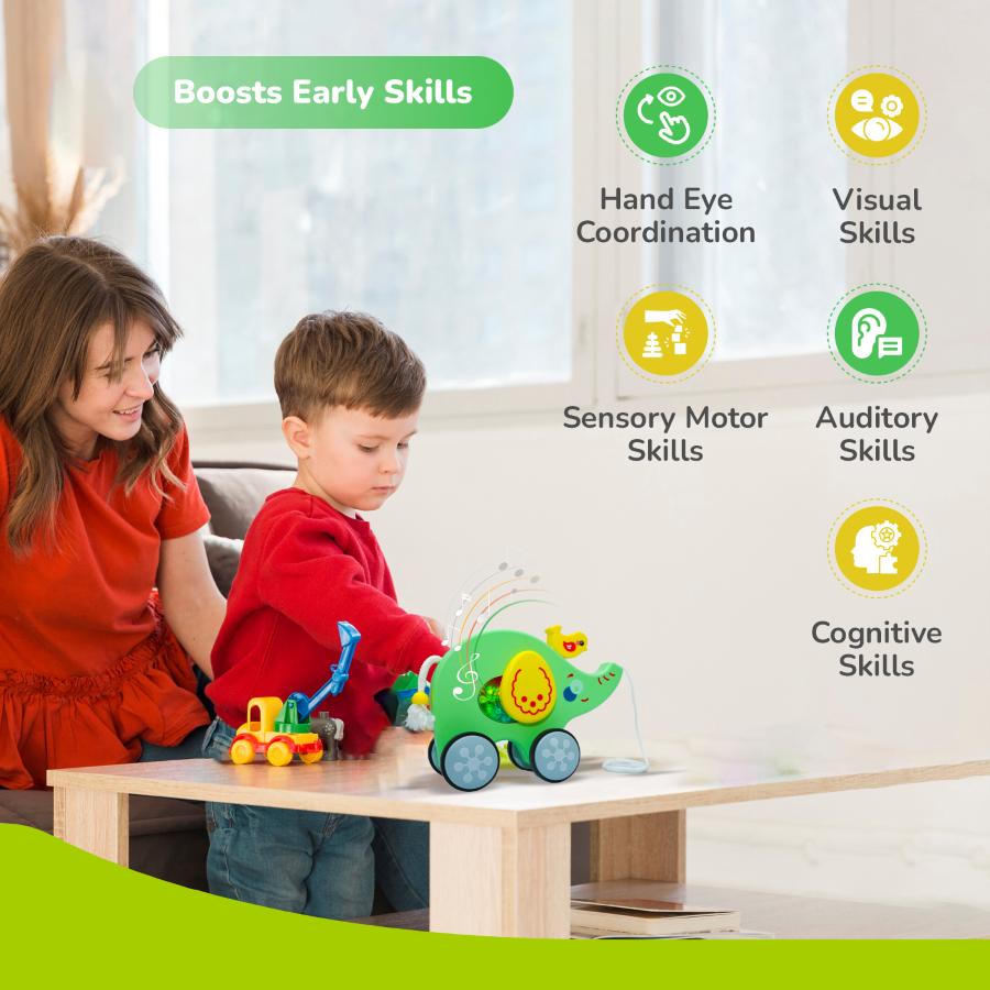 Orapple Trunky Fun & Safe Musical Pull-Along Toy for Toddlers - Green Yellow