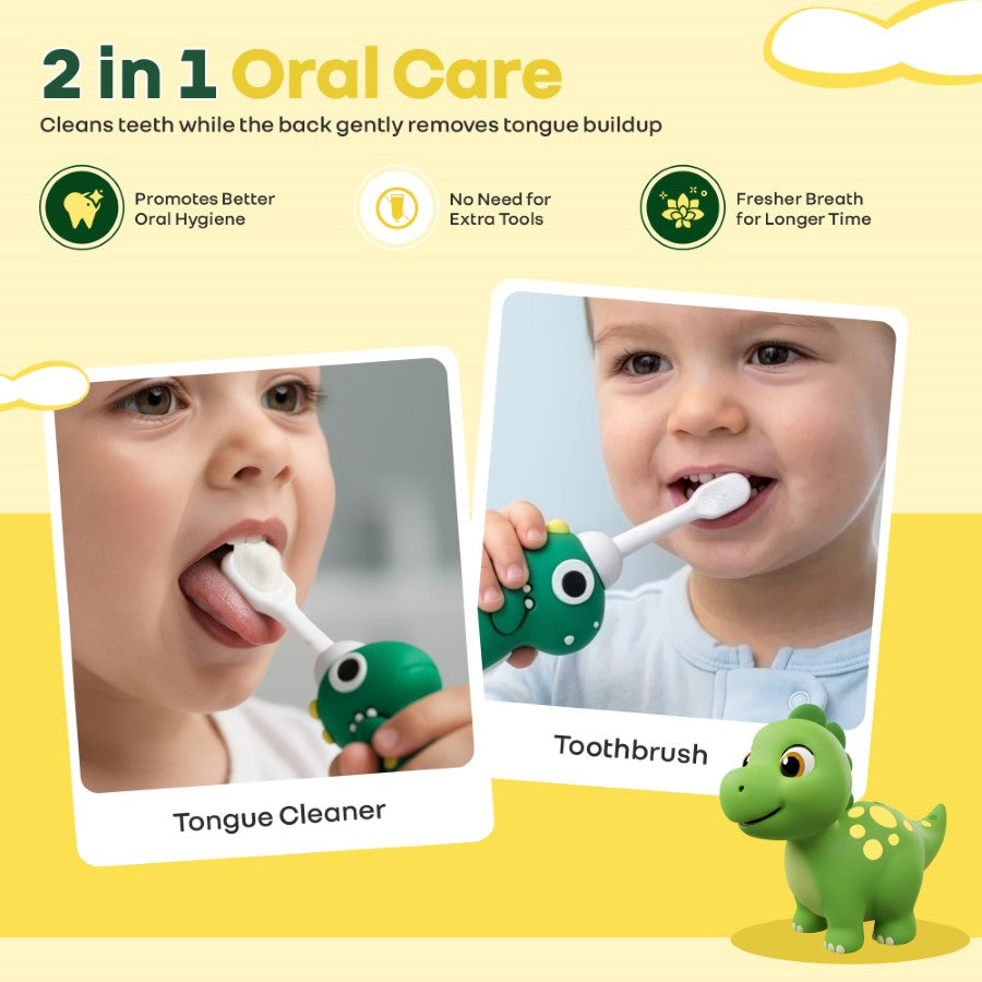 Tiny Smiles Dino Kids Toothbrush, Ultra-Soft Bristles for Gentle Oral Care, BPA-Free, Kids Brush for 2+ Years - Green