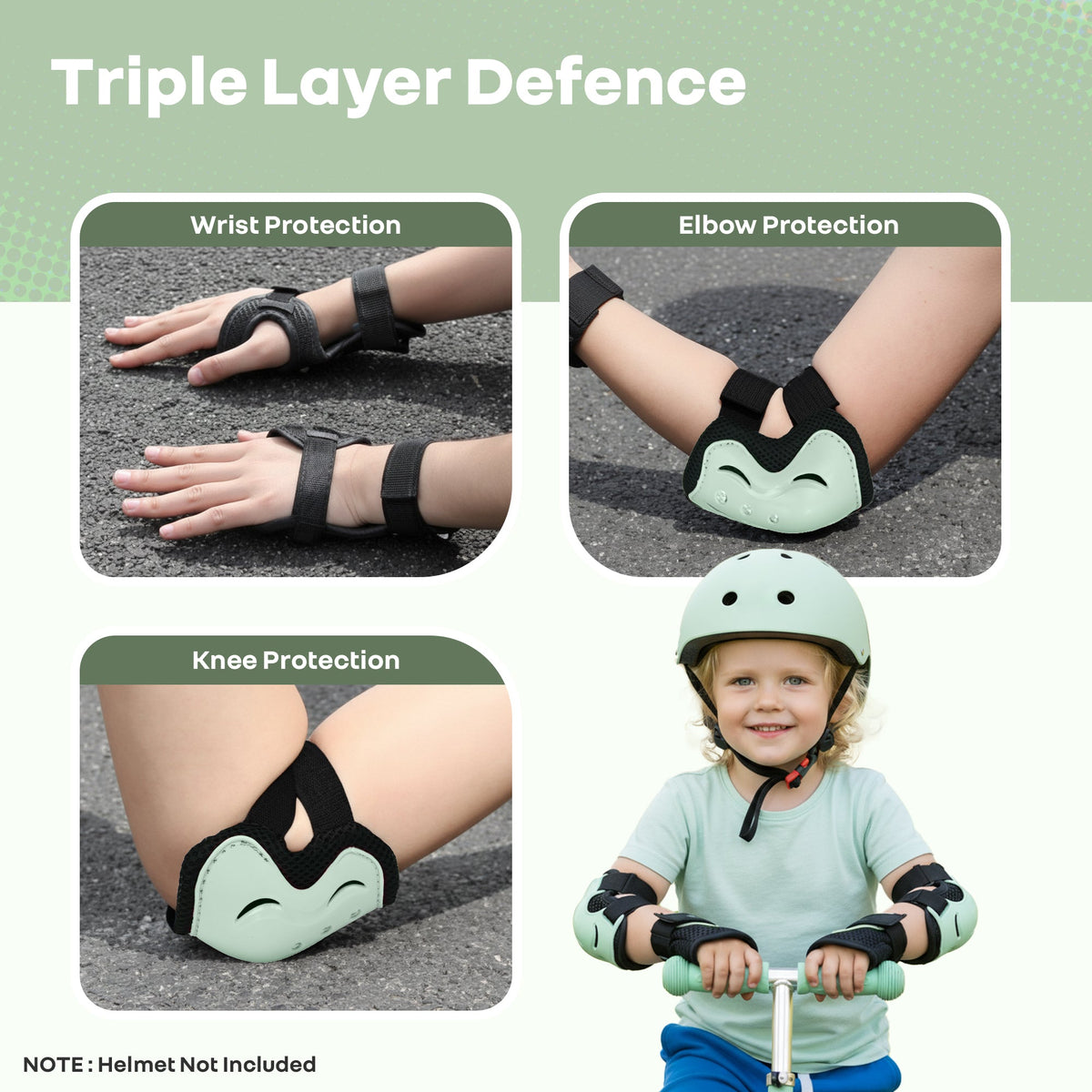 Kids Safety Protector Pads Set, Cushioned Knee, Elbow & Wrist Guards for Outdoor Riding & Sports - Green