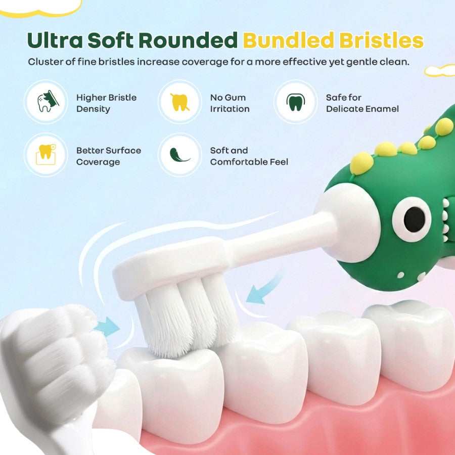 Tiny Smiles Dino Kids Toothbrush, Ultra-Soft Bristles for Gentle Oral Care, BPA-Free, Kids Brush for 2+ Years - Green