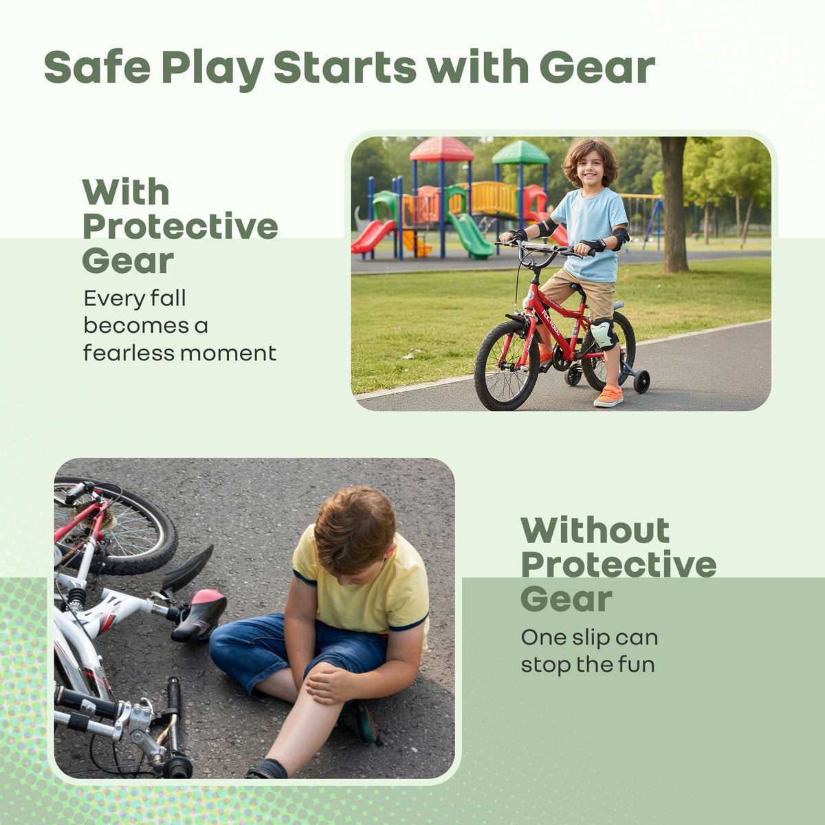 Kids Safety Protector Pads Set, Cushioned Knee, Elbow & Wrist Guards for Outdoor Riding & Sports - Green