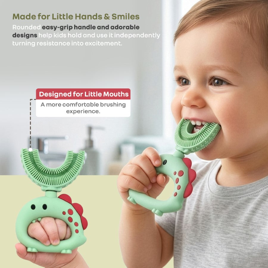 Tiny Smiles U Brush for Kids 2-5 Years, 360° U Shape Cleaning, Ultra Soft Silicone Bristles - Green