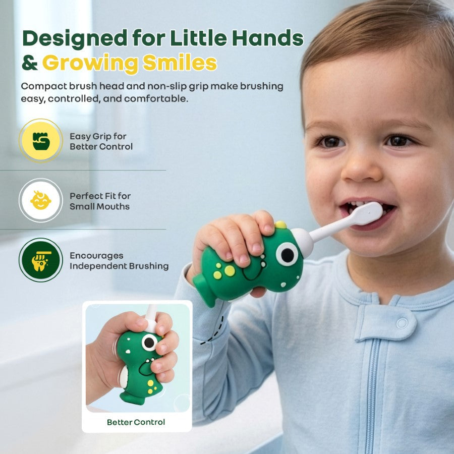 Tiny Smiles Dino Kids Toothbrush, Ultra-Soft Bristles for Gentle Oral Care, BPA-Free, Kids Brush for 2+ Years - Green