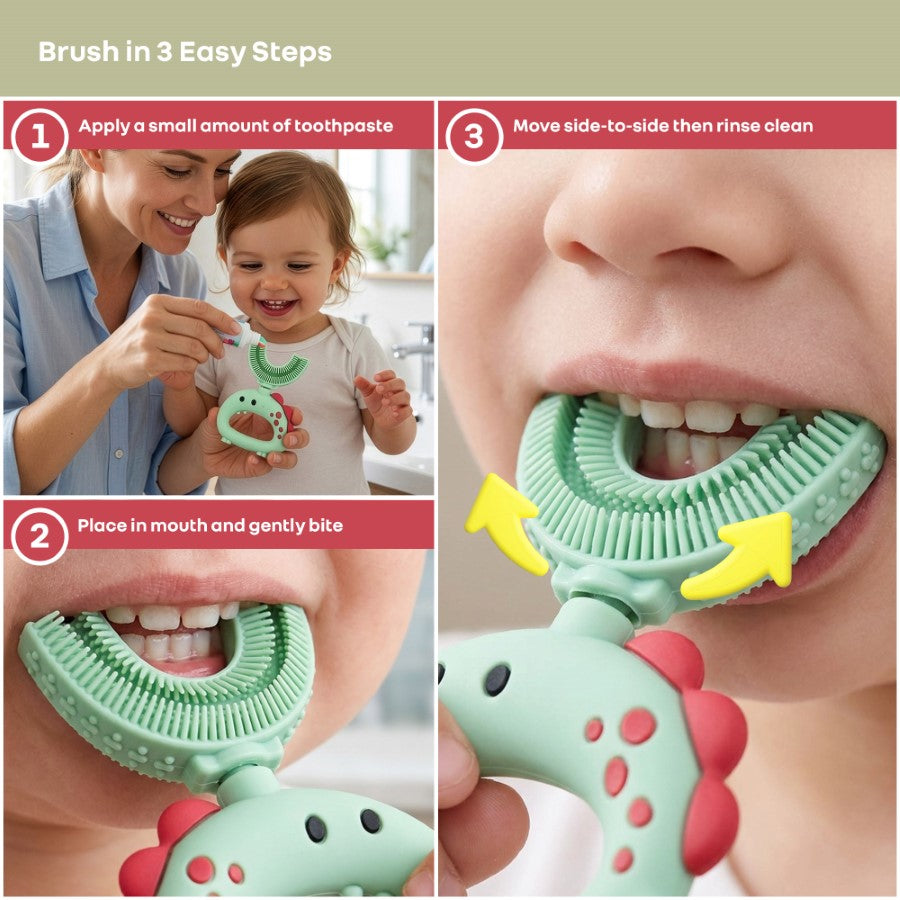 Tiny Smiles U Brush for Kids 2-5 Years, 360° U Shape Cleaning, Ultra Soft Silicone Bristles - Green