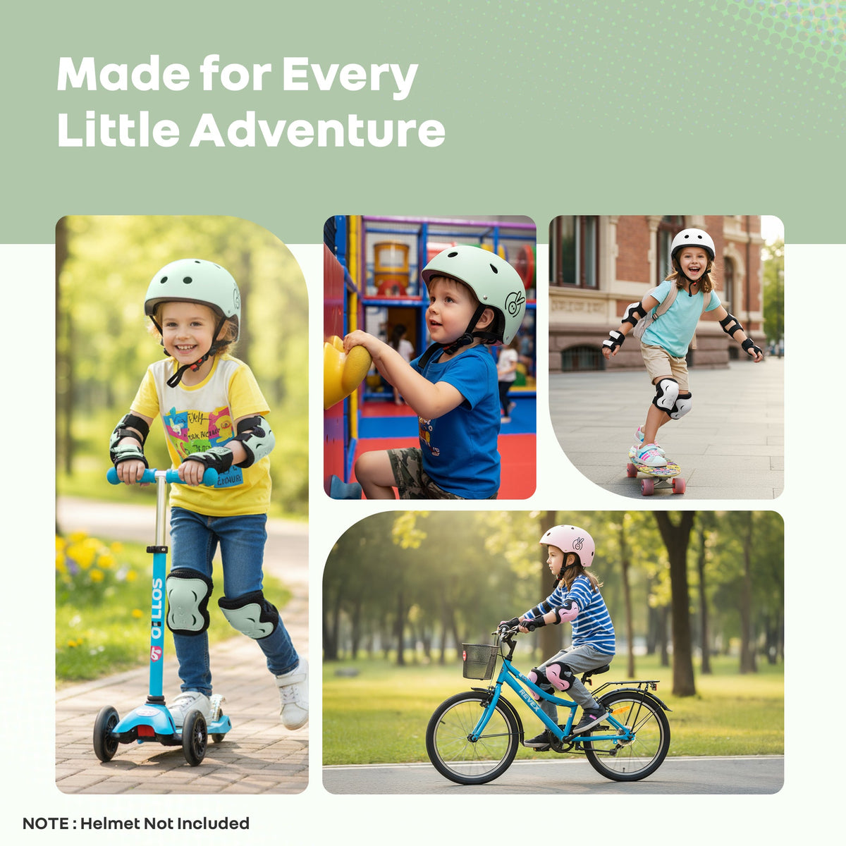 Kids Safety Protector Pads Set, Cushioned Knee, Elbow & Wrist Guards for Outdoor Riding & Sports - Green