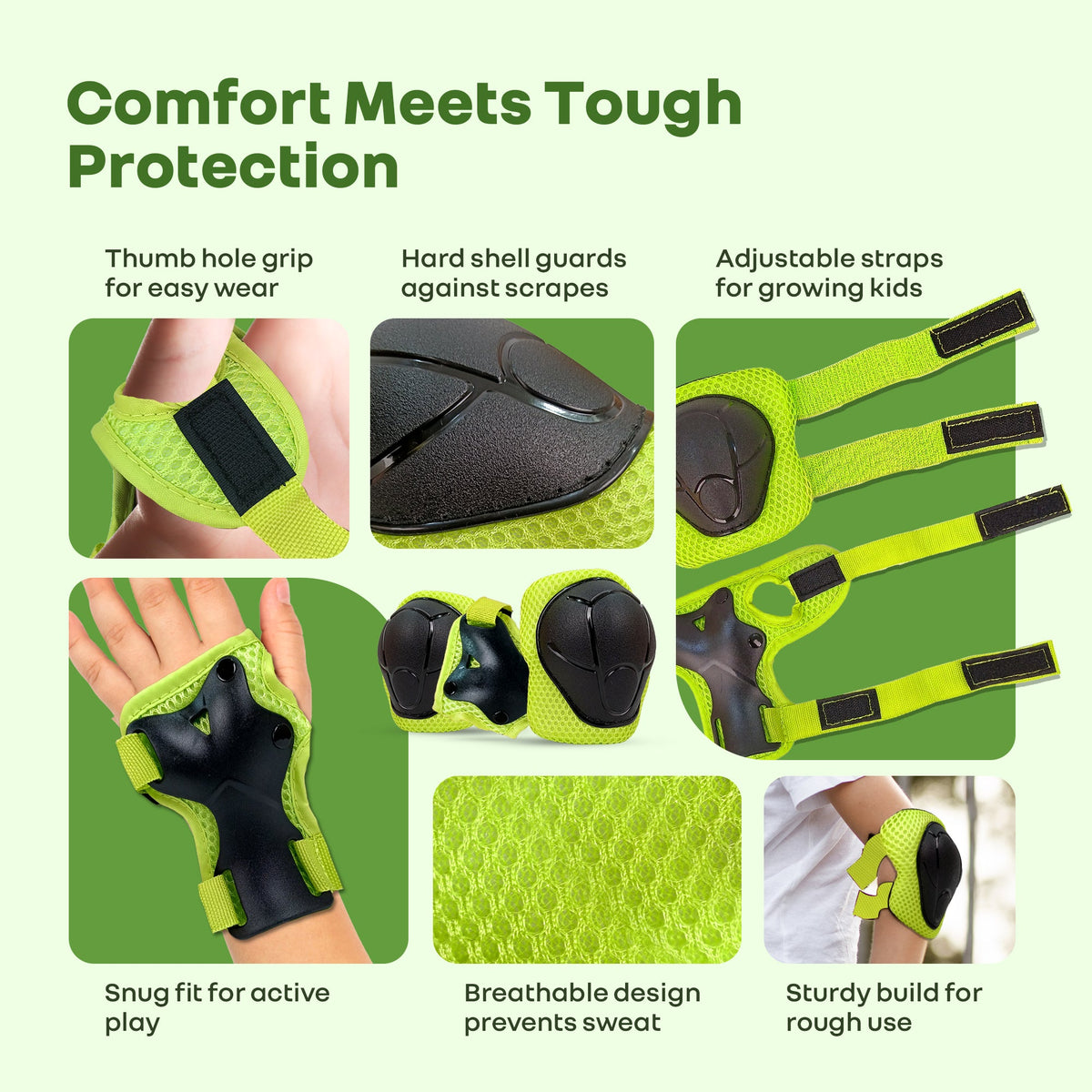 Kids Safety Protector Pads Set, Cushioned Knee, Elbow & Wrist Guards for Outdoor Riding & Sports - Green Sports