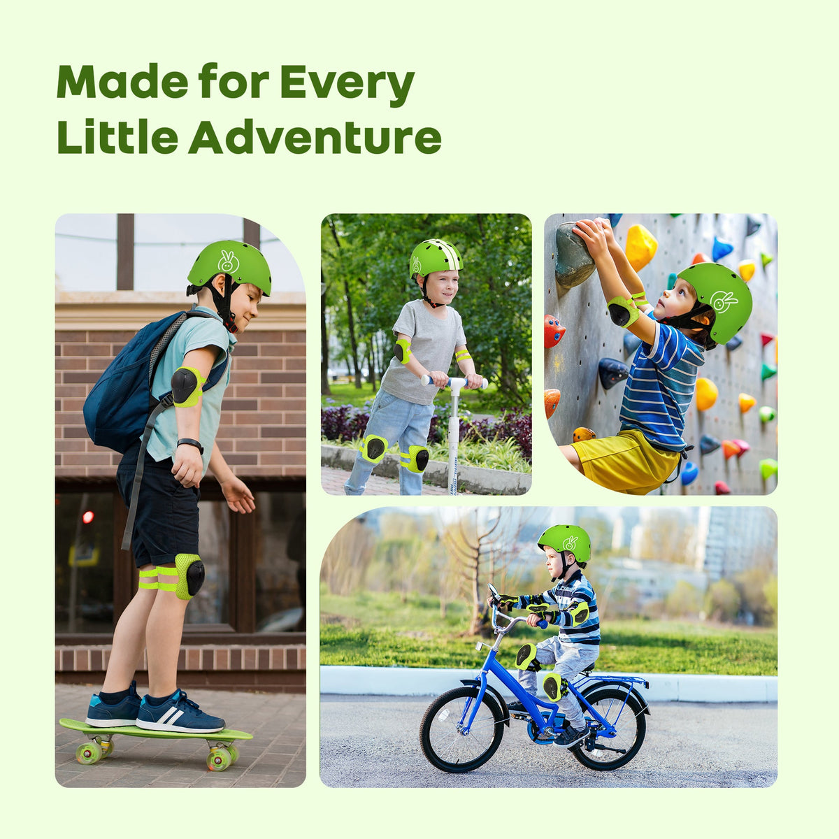 Kids Safety Protector Pads Set, Cushioned Knee, Elbow & Wrist Guards for Outdoor Riding & Sports - Green Sports