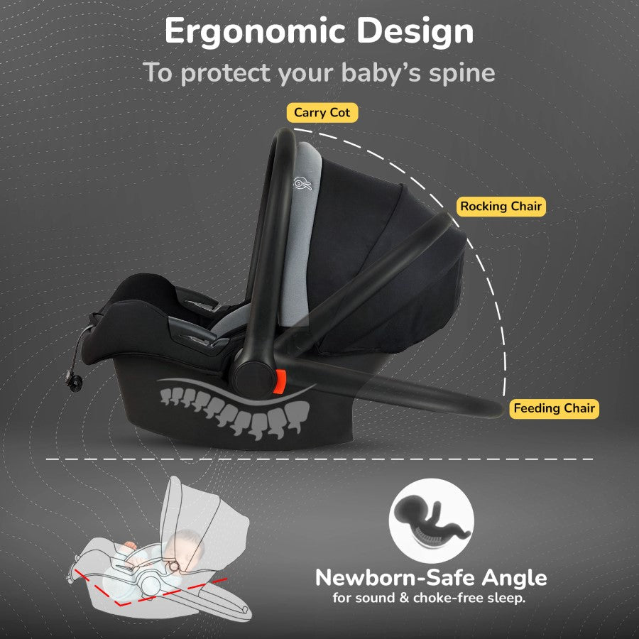 Picaboo Sportz – 3-In-1 Convertible Carry Cot, Rocker & Feeding Chair - Grey Black