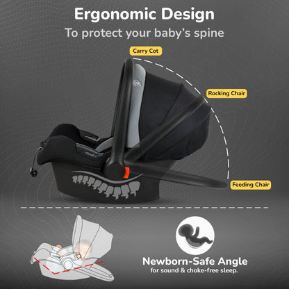 Picaboo Sportz – 3-In-1 Convertible Carry Cot, Rocker & Feeding Chair - Grey Black