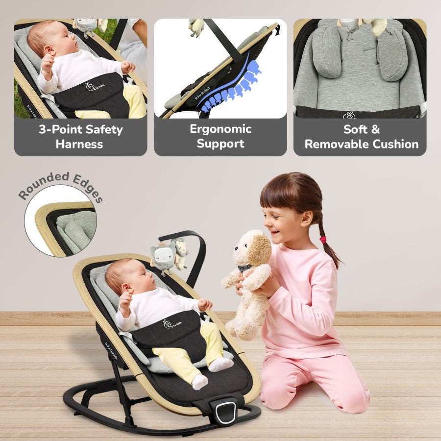 Rock N Nap Bliss – Lightweight Baby Sleeper & Rocker Soft, Safe & Travel-Friendly - Grey Black