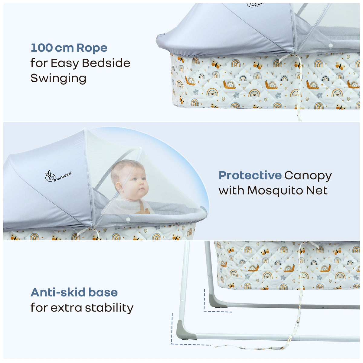 Lullabies Manual Baby Cradle Safe & Comfortable Baby Bed - Grey Multi
