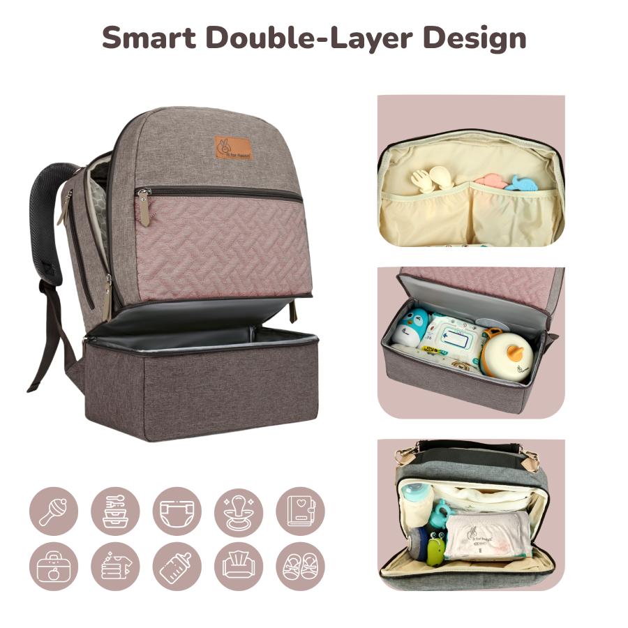 Caramello Truffle – Large Capacity Diaper Bag with Stroller Attachment - Grey Pink