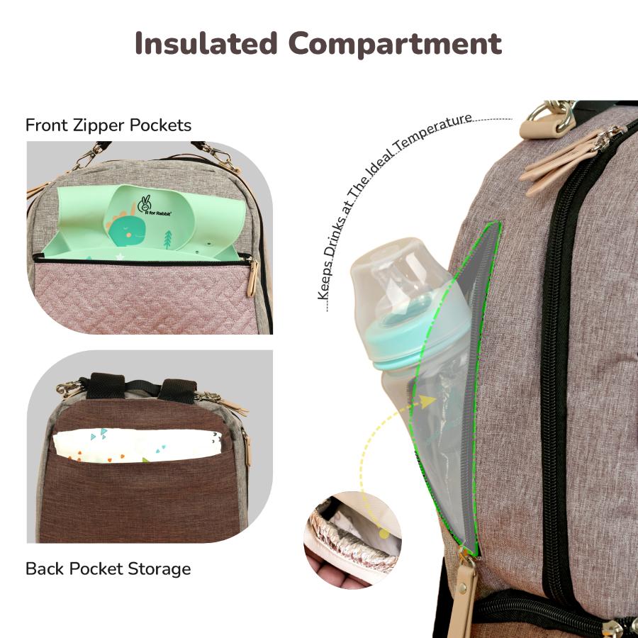 Caramello Truffle – Large Capacity Diaper Bag with Stroller Attachment - Grey Pink