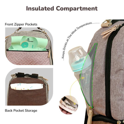 Caramello Truffle – Large Capacity Diaper Bag with Stroller Attachment - Grey Pink