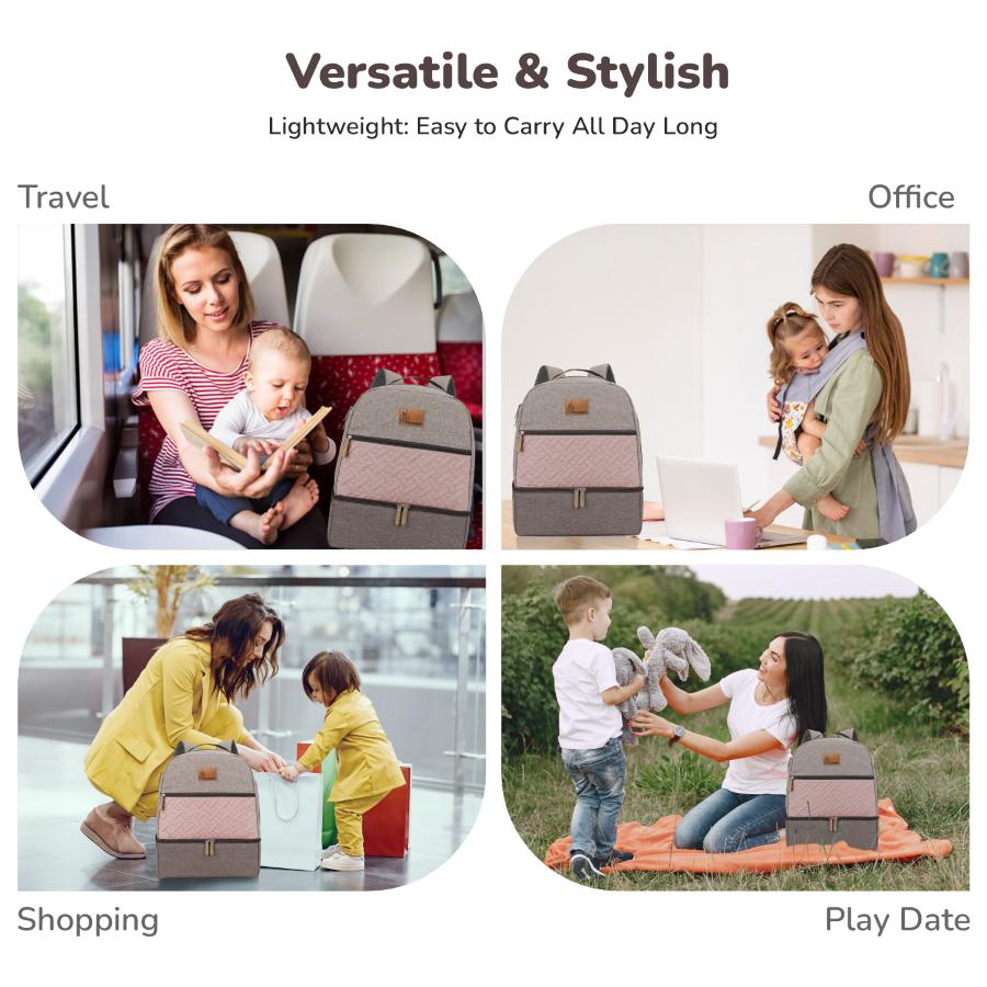Caramello Truffle – Large Capacity Diaper Bag with Stroller Attachment - Grey Pink
