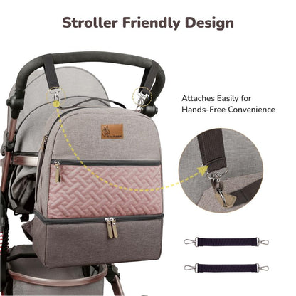 Caramello Truffle – Large Capacity Diaper Bag with Stroller Attachment - Grey Pink