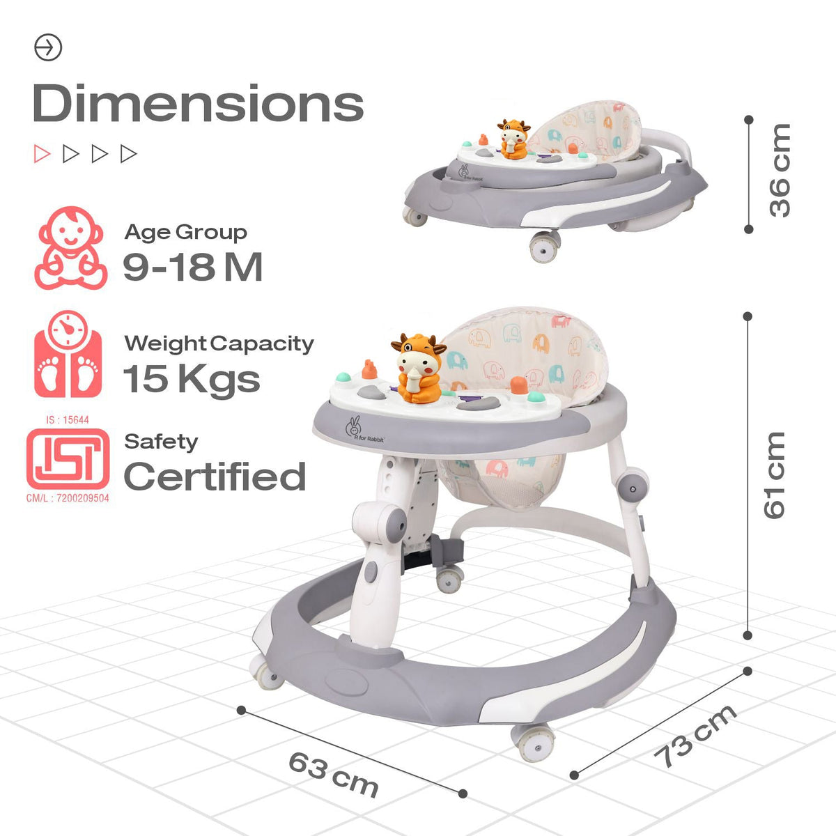 Little Feet Plus Walker - Detachable Toy Bar With Music & Light - Grey White