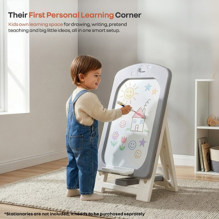 Little Genius Doodle Kids Whiteboard for Drawing & Learning – Foldable BPA Free Board with 7 Height Adjustments, Storage Tray & Stable Frame for Creative Activities (Age 3–7 Years) - Grey White