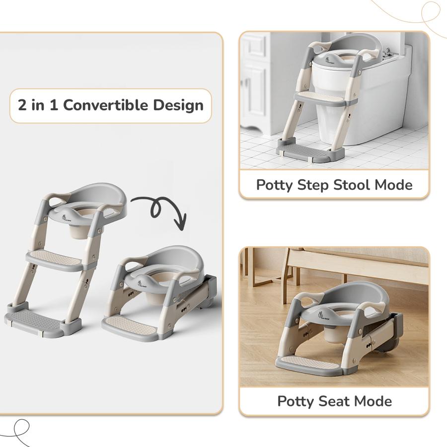 Hilltop Trainer 2-In-1 Step Stool And Potty Seat For Kids With Adjustable Height - Grey White