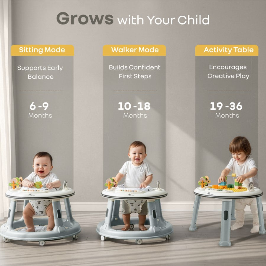 Little Feet Hopper 2-in-1 Baby Walker Cum Activity Table - Grey White