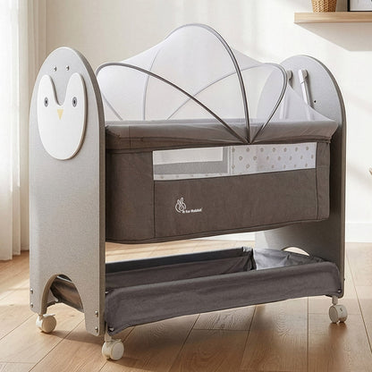 Lullabies Woodsy Snowy Baby Cradle, MDF Wood, 360° Wheels, Mosquito Net & Storage Basket - Grey White
