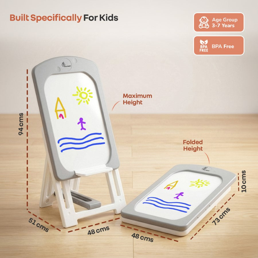 Little Genius Doodle Kids Whiteboard for Drawing & Learning – Foldable BPA Free Board with 7 Height Adjustments, Storage Tray & Stable Frame for Creative Activities (Age 3–7 Years) - Grey White