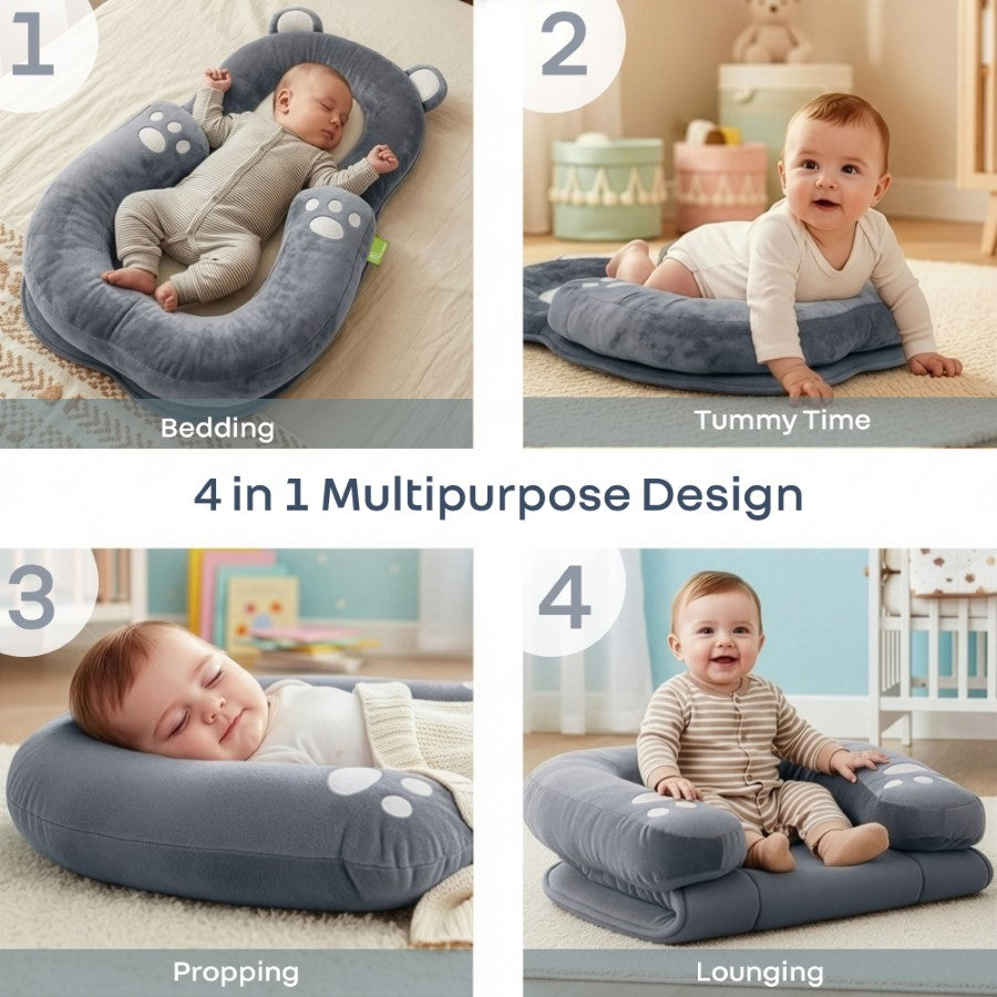Snuggy Teddy Baby Lounger Nest - 4 in 1 Multipurpose Baby Bedding with Head Support Pillow, Plush Fabric, U-Shaped Cushion Design & Travel Friendly Baby Nest (0+ Months) - Grey