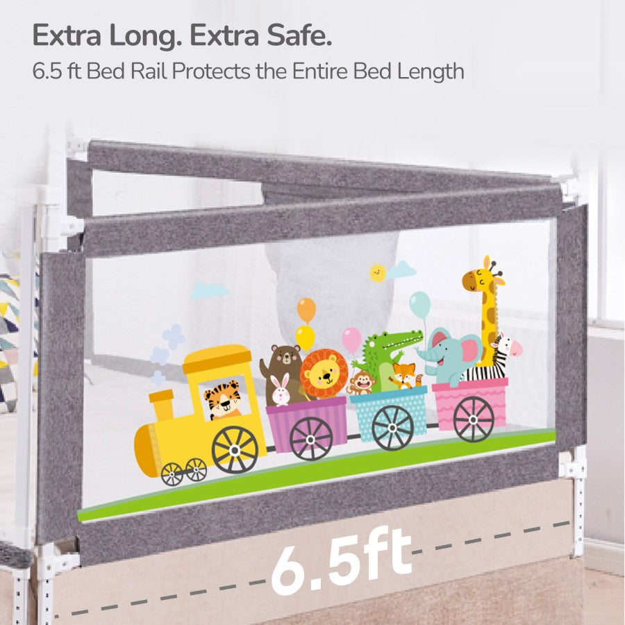 Safari Bed Rail for Baby With Adjustable Height, Mesh & Storage Pocket - Grey