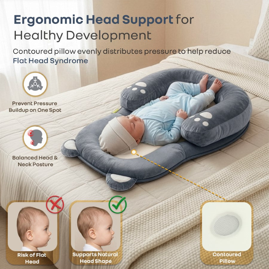 Snuggy Teddy Baby Lounger Nest - 4 in 1 Multipurpose Baby Bedding with Head Support Pillow, Plush Fabric, U-Shaped Cushion Design & Travel Friendly Baby Nest (0+ Months) - Grey