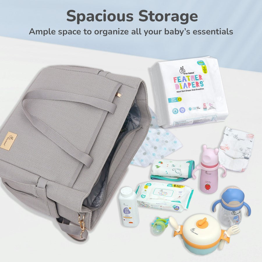 Caramello Tote Multi Purpose Diaper Bag With Spacious Storage - Grey