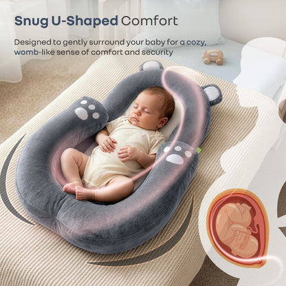 Snuggy Teddy Baby Lounger Nest - 4 in 1 Multipurpose Baby Bedding with Head Support Pillow, Plush Fabric, U-Shaped Cushion Design & Travel Friendly Baby Nest (0+ Months) - Grey