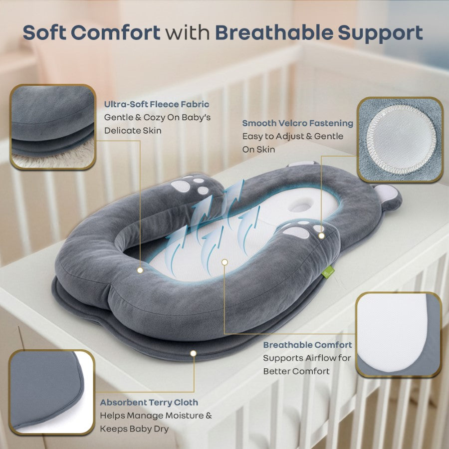 Snuggy Teddy Baby Lounger Nest - 4 in 1 Multipurpose Baby Bedding with Head Support Pillow, Plush Fabric, U-Shaped Cushion Design & Travel Friendly Baby Nest (0+ Months) - Grey
