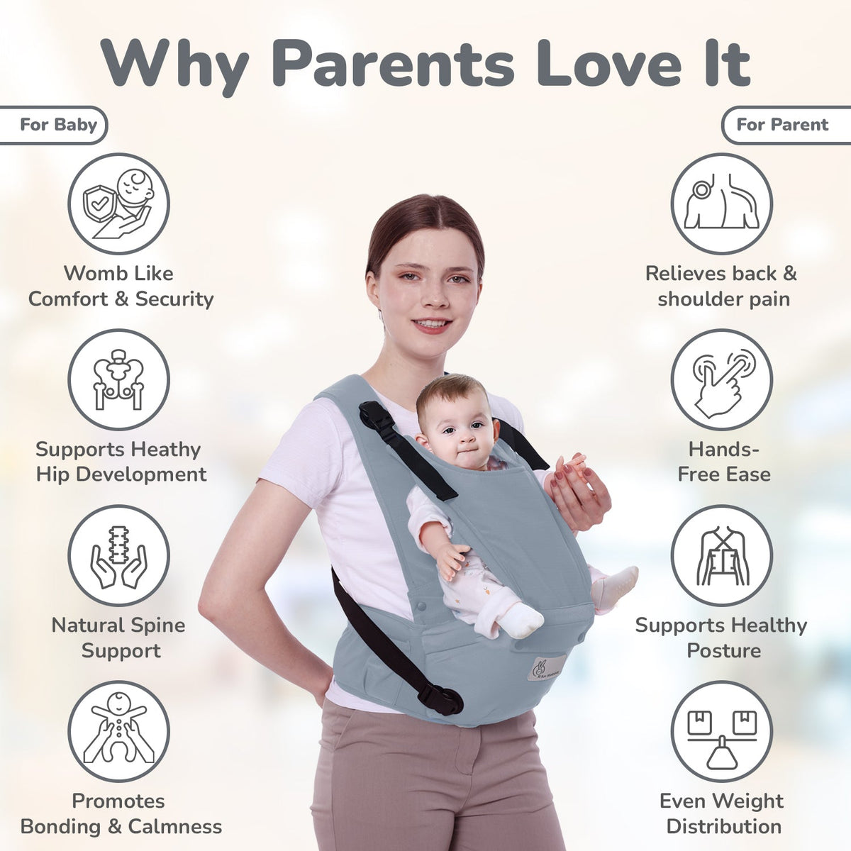 Upsy Daisy Cozy Ergonomic 5-in-1 Hip Sit Baby Carrier for All-Day Comfort - Grey