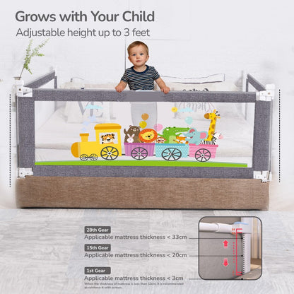 Safari Bed Rail for Baby With Adjustable Height, Mesh & Storage Pocket - Grey