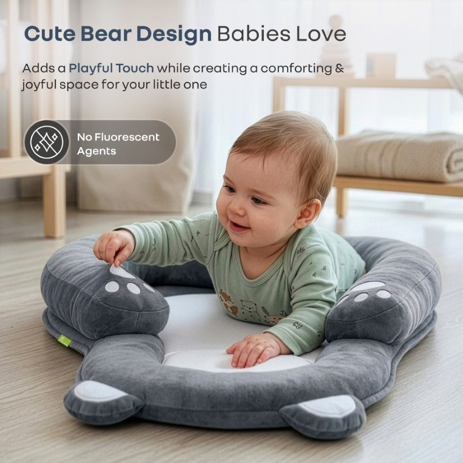 Snuggy Teddy Baby Lounger Nest - 4 in 1 Multipurpose Baby Bedding with Head Support Pillow, Plush Fabric, U-Shaped Cushion Design & Travel Friendly Baby Nest (0+ Months) - Grey