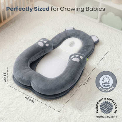 Snuggy Teddy Baby Lounger Nest - 4 in 1 Multipurpose Baby Bedding with Head Support Pillow, Plush Fabric, U-Shaped Cushion Design & Travel Friendly Baby Nest (0+ Months) - Grey
