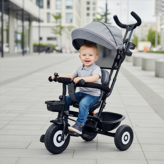 Tiny Toes T40 Plus Tricycle - Rubber Wheels, 360 Rotatable Seat, Adjustable Canopy, Parental Control, Front & Rear Baskets, 1.5-5 years - Grey Black