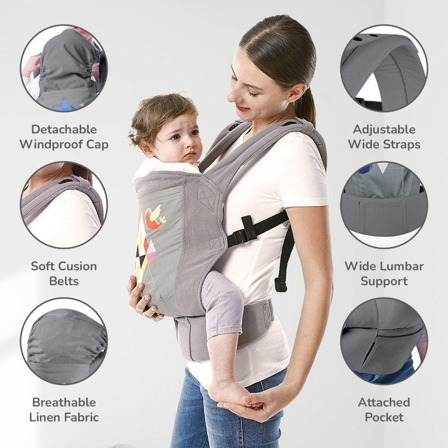 Hug Me Elite Baby Carrier Front & Back Carrier Position, Soft Linen Fabric, Wide Strap With Cap & Mobile Pocket - Grey