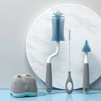 Hygo Care Teddy Baby Feeding Bottle Cleaner Brush Set With Storage Box, Bottle Brush, Straw Brush and Nipple Brush - Grey Blue