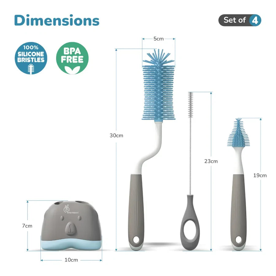 Hygo Care Teddy Baby Feeding Bottle Cleaner Brush Set With Storage Box, Bottle Brush, Straw Brush and Nipple Brush - Grey Blue