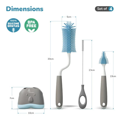Hygo Care Teddy Baby Feeding Bottle Cleaner Brush Set With Storage Box, Bottle Brush, Straw Brush and Nipple Brush - Grey Blue