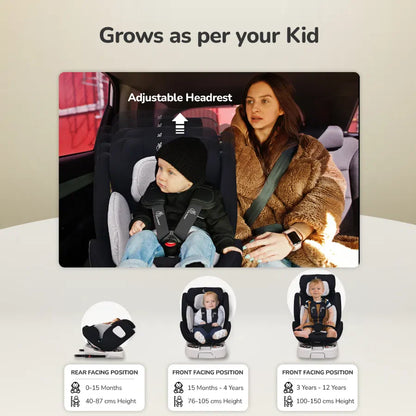 Jack N Jill ISOFIX Plus Car Seat For Kids 0 To 12 Years Safety Certified 360° Rotatable Seat - Black Grey