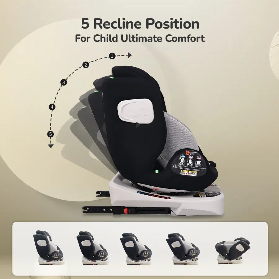 Jack N Jill ISOFIX Plus Car Seat For Kids 0 To 12 Years Safety Certified 360° Rotatable Seat - Black Grey