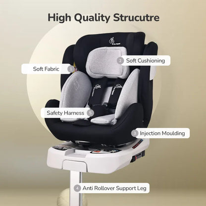Jack N Jill ISOFIX Plus Car Seat For Kids 0 To 12 Years Safety Certified 360° Rotatable Seat - Black Grey