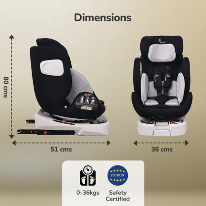 Jack N Jill ISOFIX Plus Car Seat For Kids 0 To 12 Years Safety Certified 360° Rotatable Seat - Black Grey