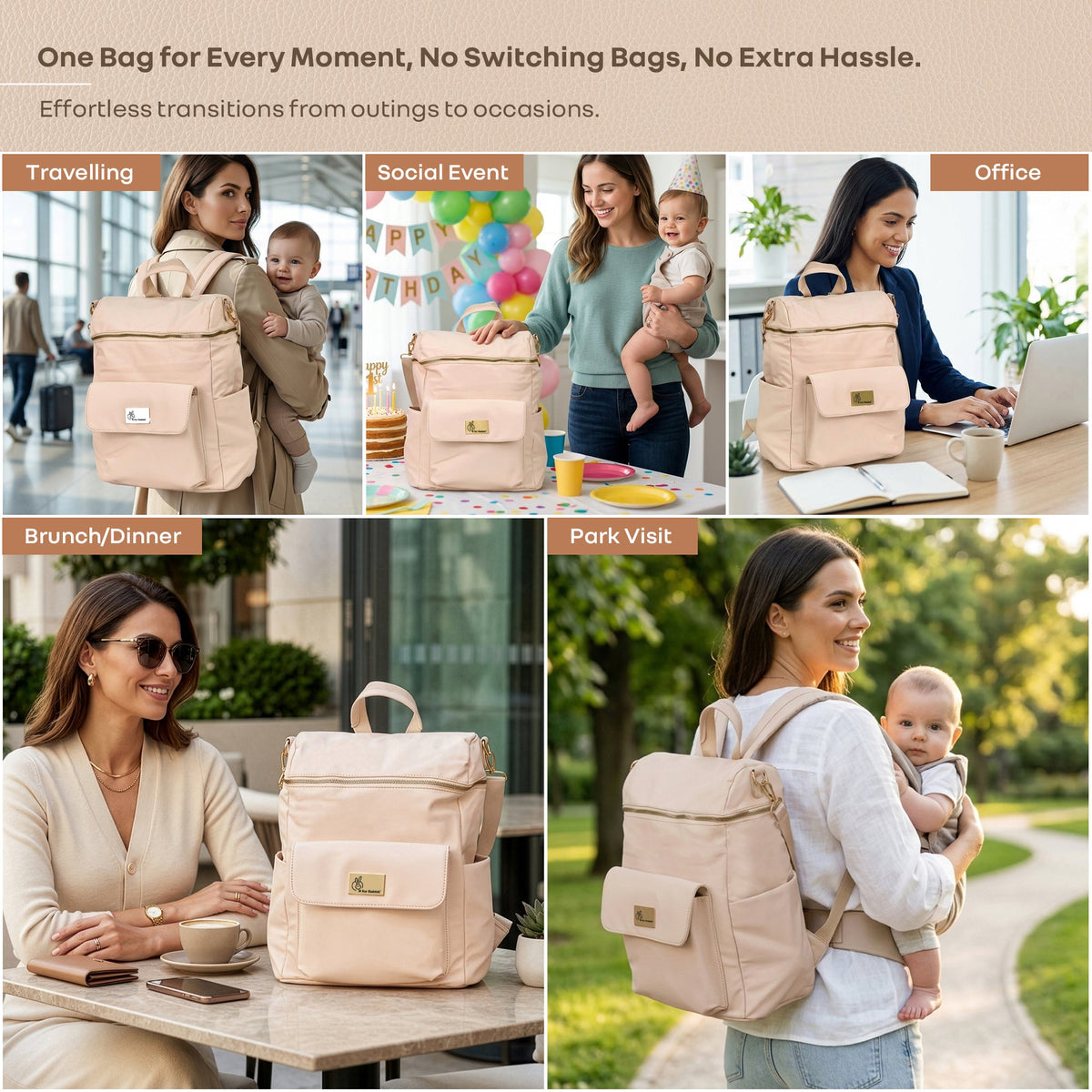 Caramello Bold Ivy Diaper Bag for Moms, Dual Carry Sling, Insulated Bottle Pockets With Premium Vegan Leather - Ivory Beige