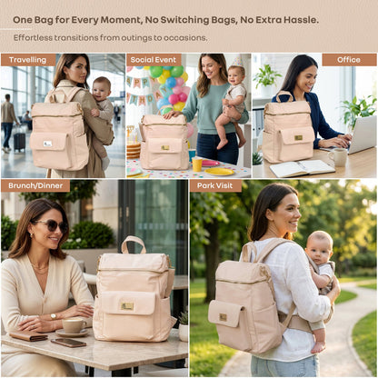 Caramello Bold Ivy Diaper Bag for Moms, Dual Carry Sling, Insulated Bottle Pockets With Premium Vegan Leather - Ivory Beige