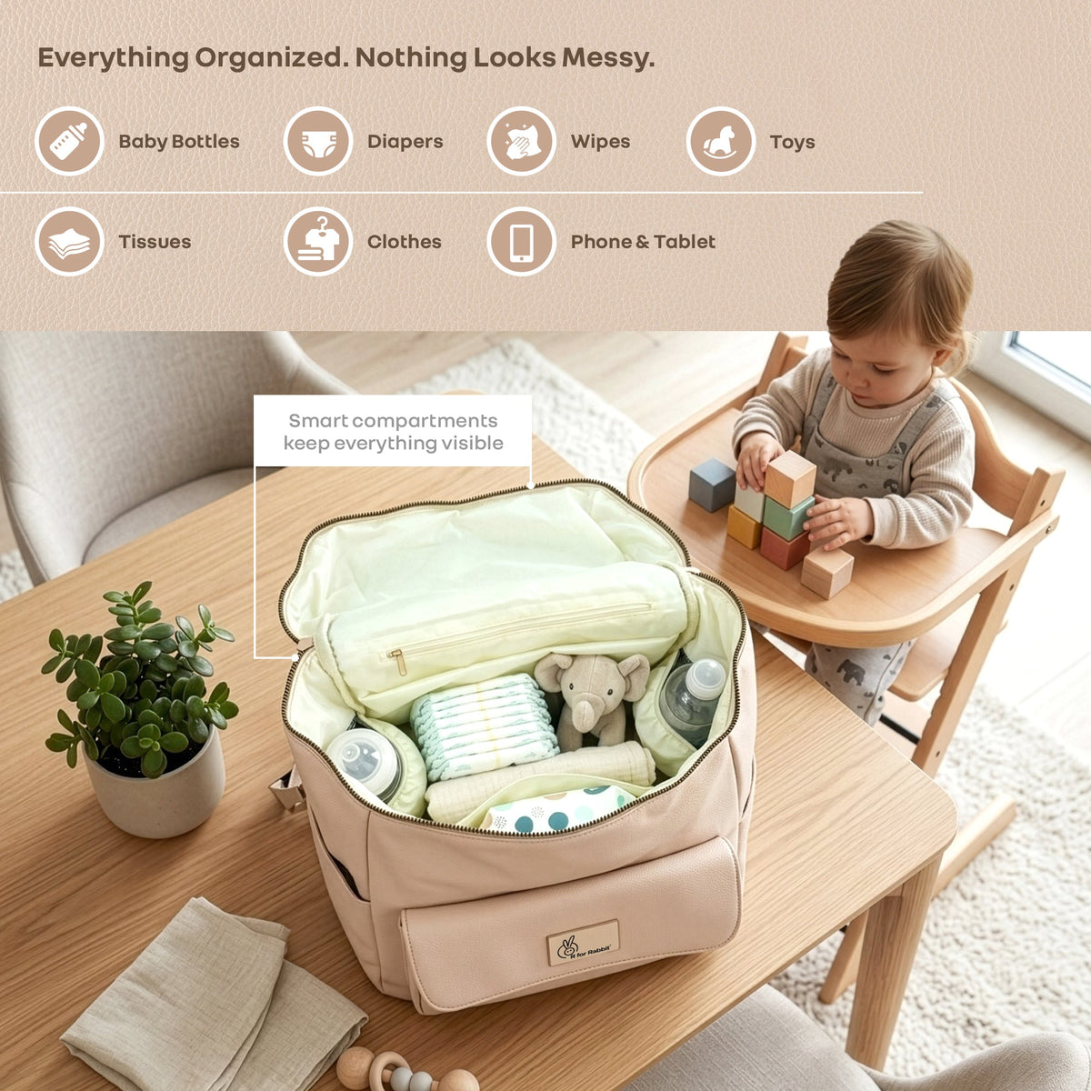 Caramello Bold Ivy Diaper Bag for Moms, Dual Carry Sling, Insulated Bottle Pockets With Premium Vegan Leather - Ivory Beige