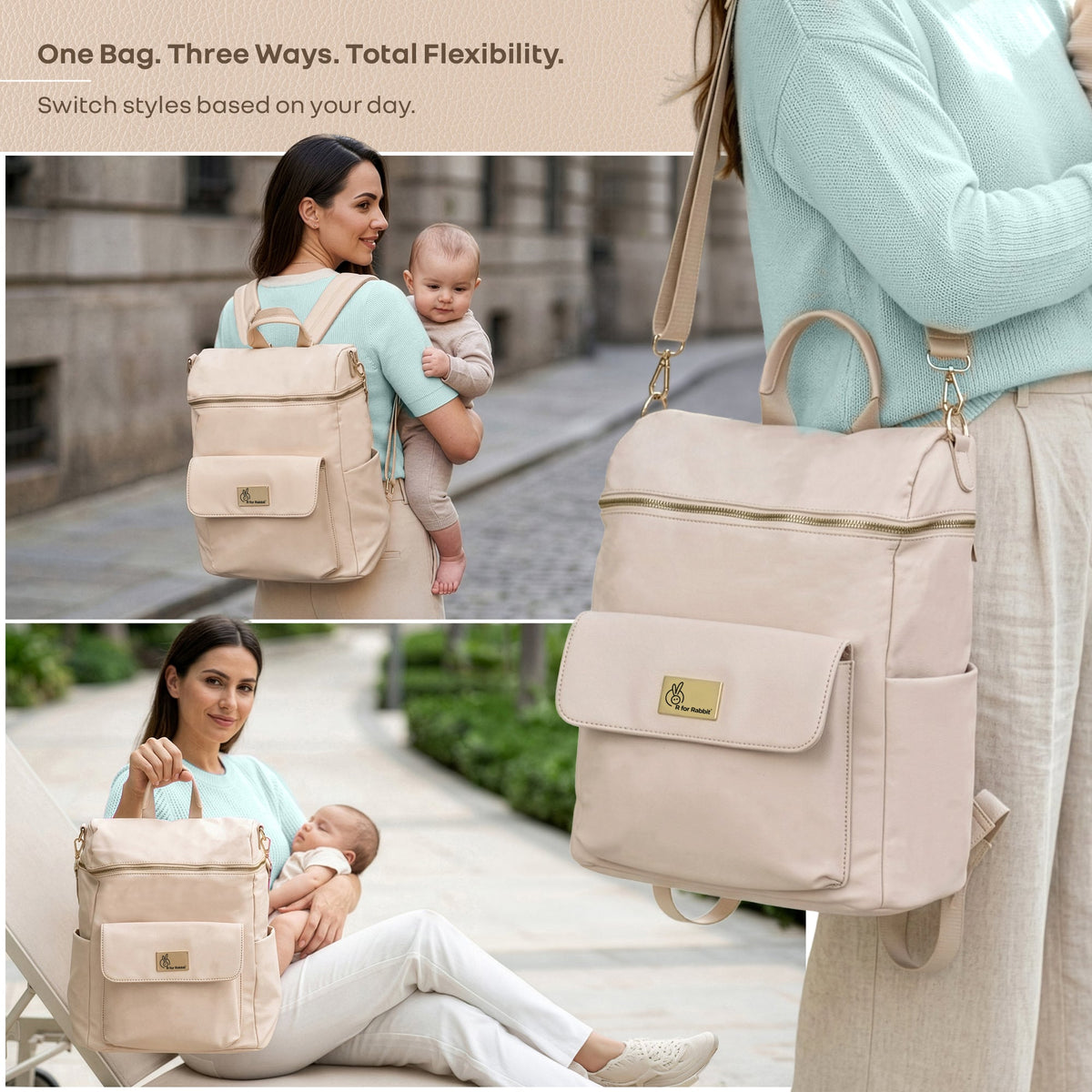 Caramello Bold Ivy Diaper Bag for Moms, Dual Carry Sling, Insulated Bottle Pockets With Premium Vegan Leather - Ivory Beige